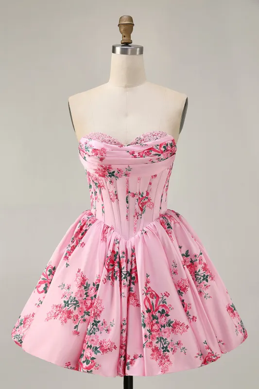Pink Flower A-Line Strapless Printed Homecoming Dress with Beading sold by Zapaka