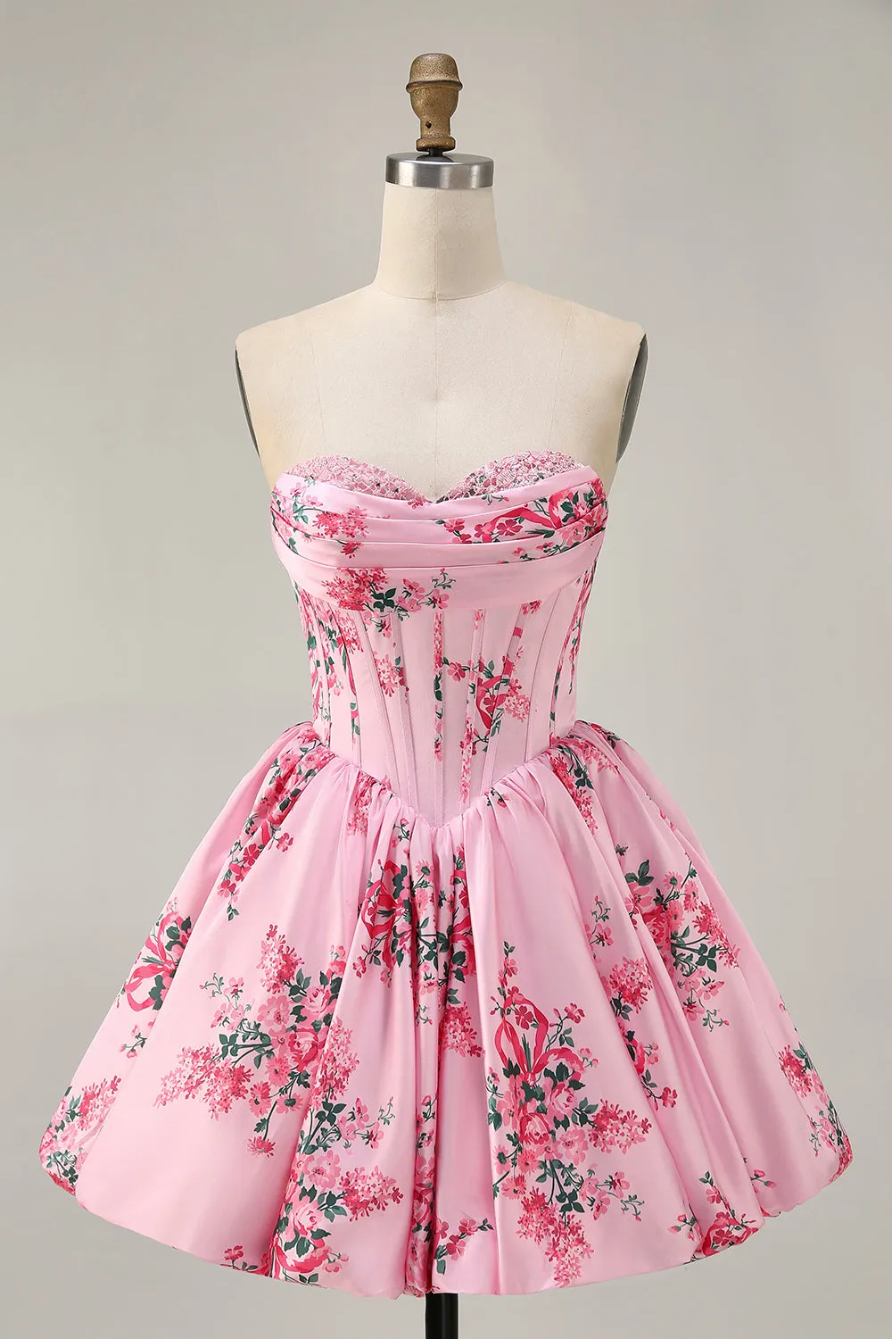 Pink Flower A-Line Strapless Printed Homecoming Dress with Beading sold by Zapaka