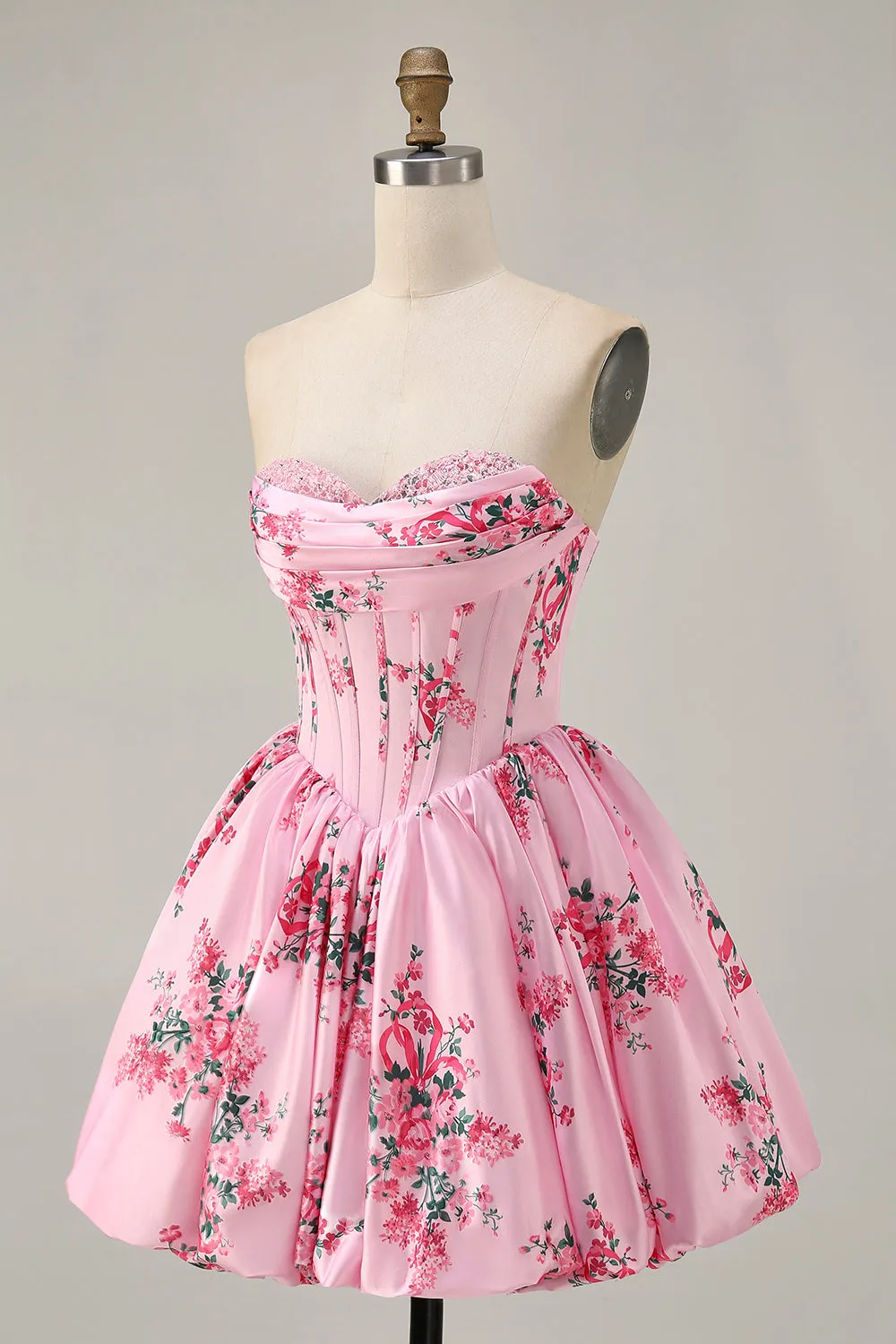 Pink Flower A-Line Strapless Printed Homecoming Dress with Beading sold by Zapaka product image thumbnail 3