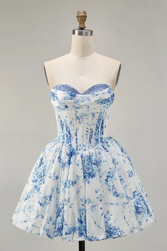 Strapless White Blue Flower A-Line Printed Homecoming Dress with Beading sold by Zapaka