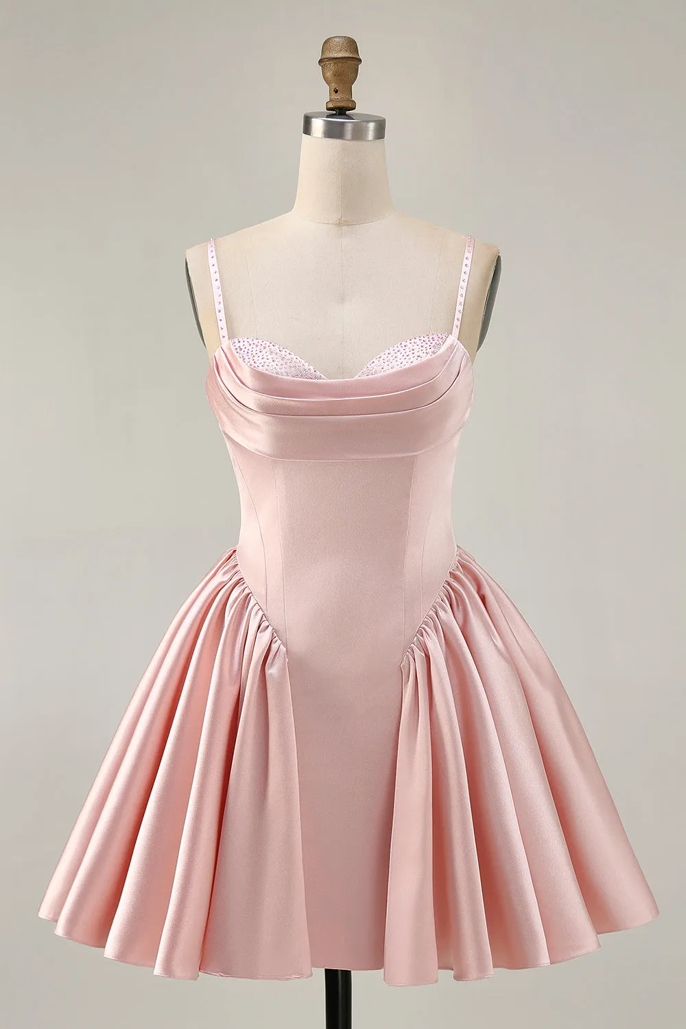 Blush Cowl Neck A-Line Spaghetti Straps Beaded Satin Homecoming Dress sold by Zapaka