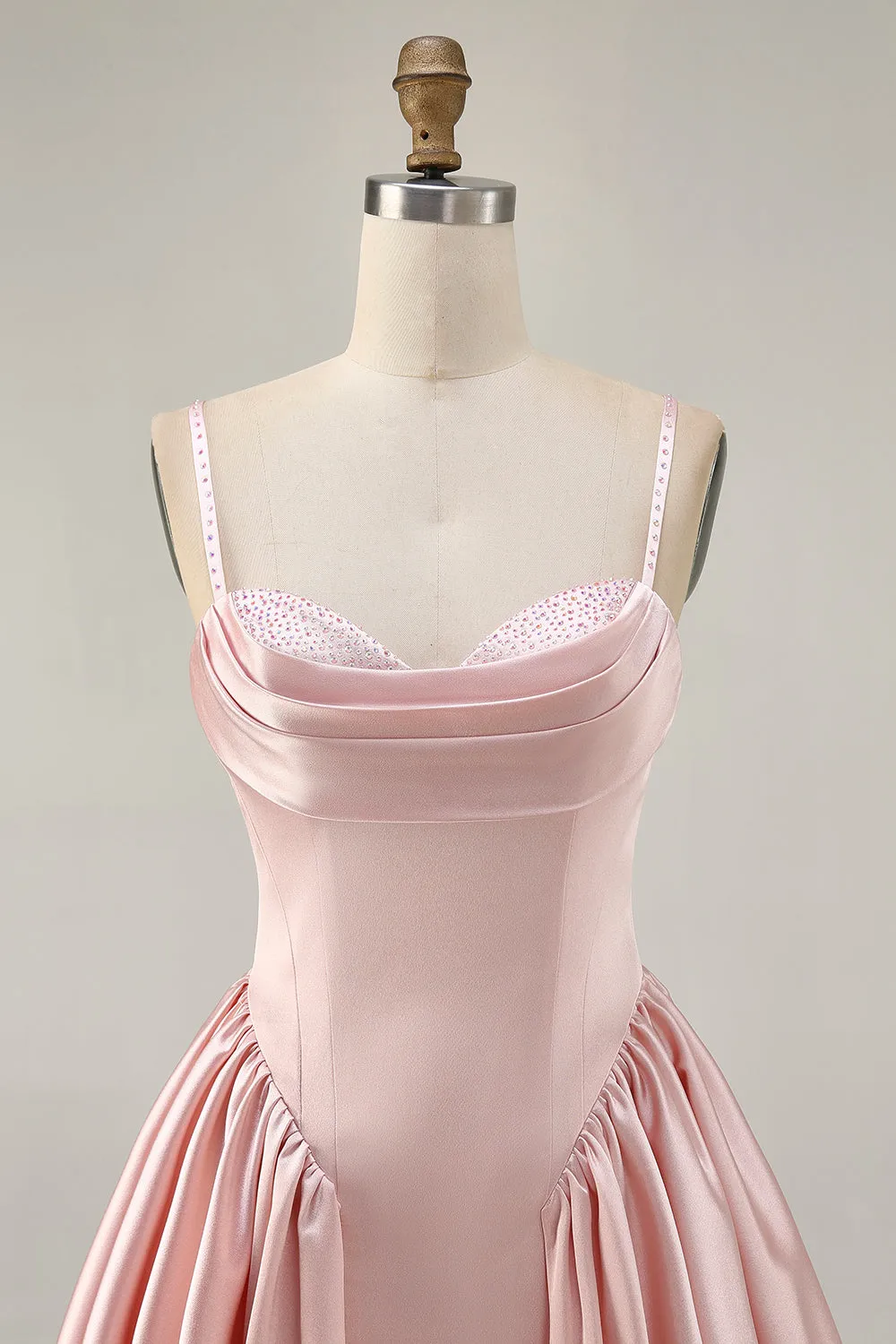 Blush Cowl Neck A-Line Spaghetti Straps Beaded Satin Homecoming Dress sold by Zapaka product image thumbnail 4