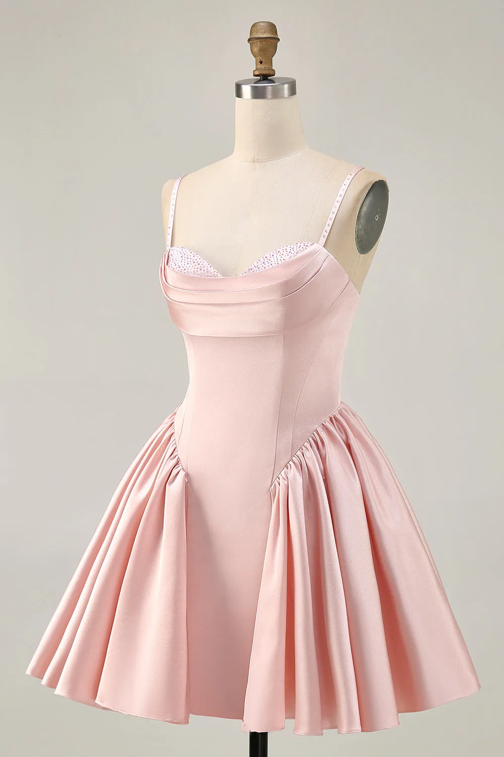 Blush Cowl Neck A-Line Spaghetti Straps Beaded Satin Homecoming Dress sold by Zapaka product image thumbnail 3