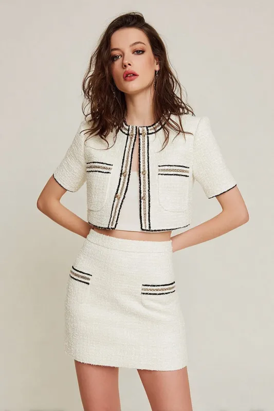 White Round Neck Fitted Tweed Bodycon Pageant Interview Outfits with Pockets sold by Zapaka