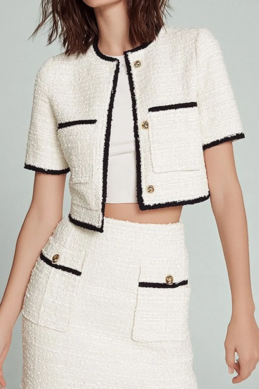 White Short Tweed Bodycon Round Neck Pageant Interview Outfits with Pockets sold by Zapaka product image thumbnail 2