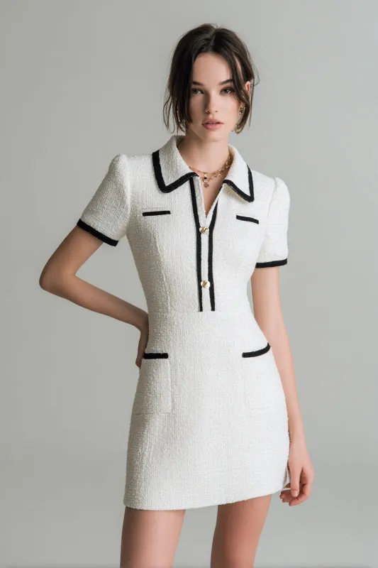 White Short Tweed Bodycon Collar Pageant Interview Dress sold by Zapaka
