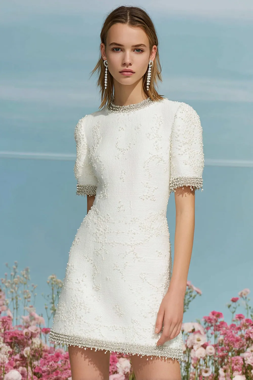 Tweed A Line Round Neck Short White Homecoming Dress sold by Zapaka