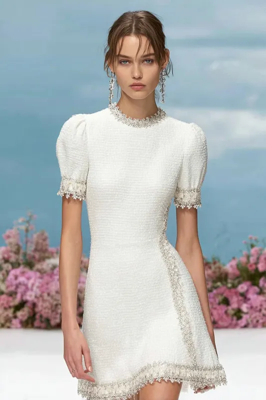 Fitted A Line Round Neck Short White Homecoming Dress sold by Zapaka