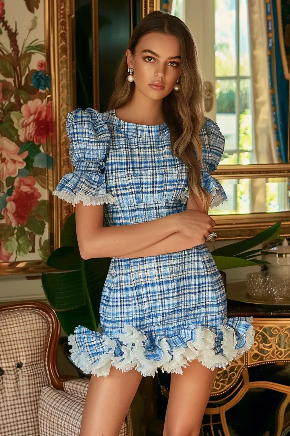 Blue Round Neck Fitted Tweed Bodycon Homecoming Dress with Ruffles sold by Zapaka