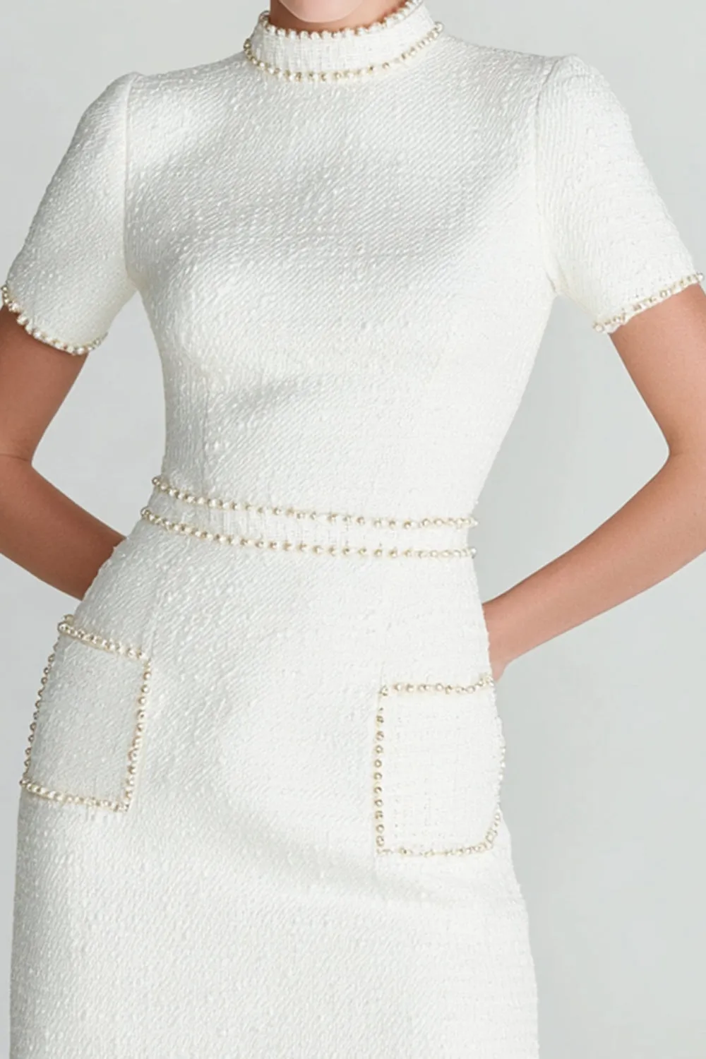 Fitted Bodycon High Neck Short White Homecoming Dress with Pearls sold by Zapaka product image thumbnail 2