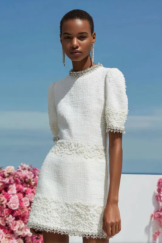 White Bodycon Short Fitted Tweed Homecoming Dress sold by Zapaka