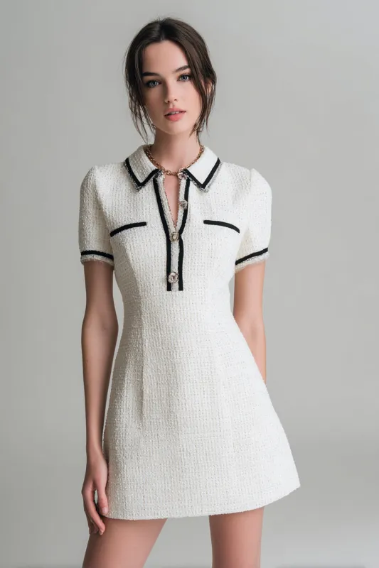 Round collar Fitted Tweed A Line White Homecoming Dress sold by Zapaka