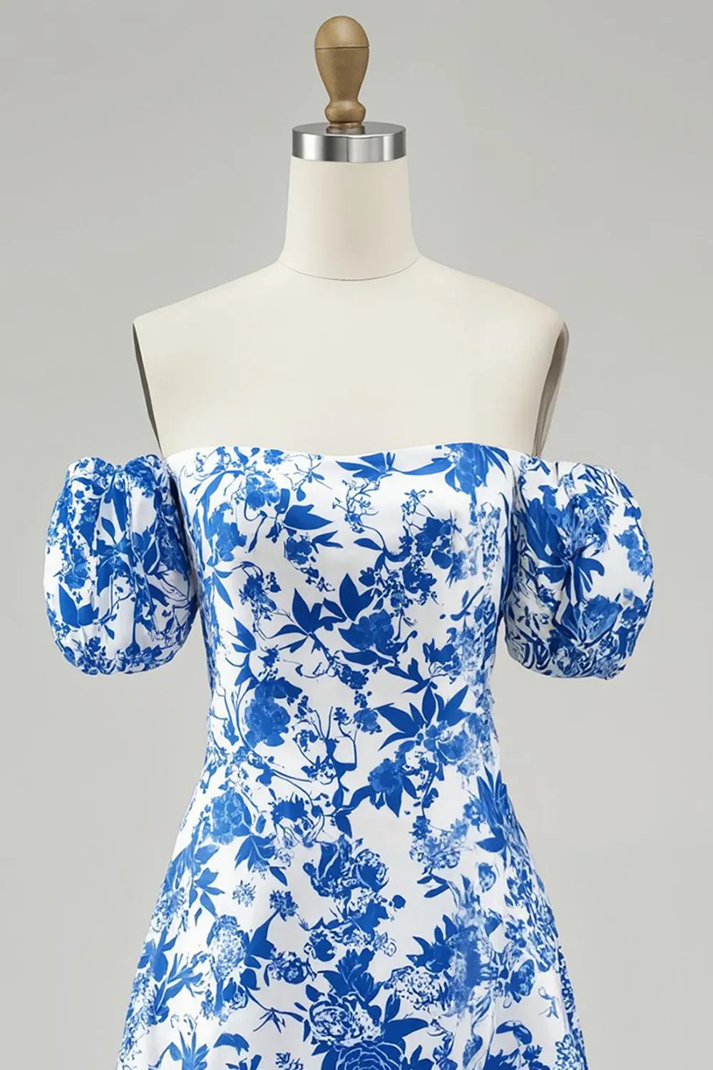 Off The Shoulder Floral A Line Blue Printed Homecoming Dress sold by Zapaka product image thumbnail 3