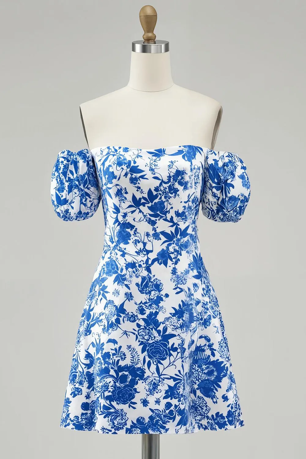 Off The Shoulder Floral A Line Blue Printed Homecoming Dress sold by Zapaka