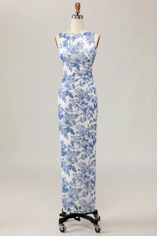Floral Printed Bodycon White Blue Long Wedding Guest Dress sold by Zapaka