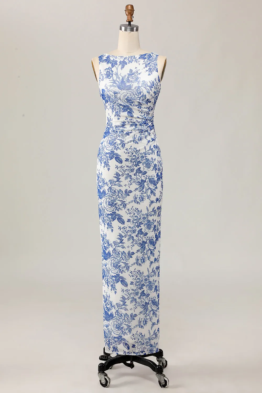 Floral Printed Bodycon White Blue Long Wedding Guest Dress sold by Zapaka