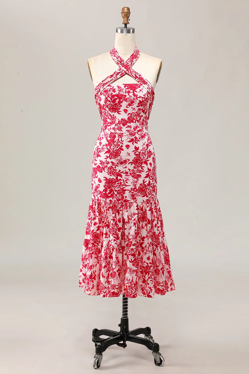 Mermaid Halter Printed Red Flower Midi Wedding Guest Dress sold by Zapaka