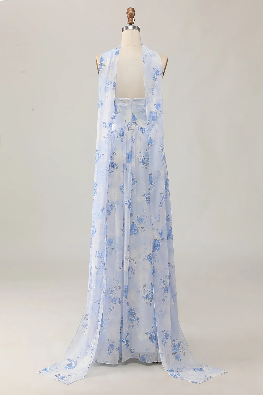 Strapless Blue Flower A-Line Printed Wedding Guest Dress with Slit sold by Zapaka product image thumbnail 3