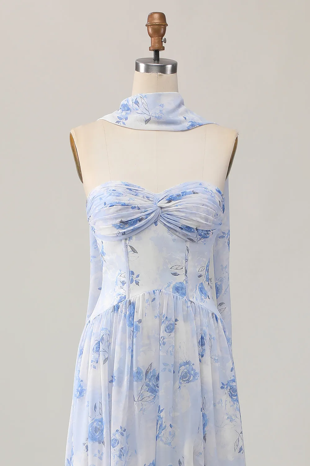 Strapless Blue Flower A-Line Printed Wedding Guest Dress with Slit sold by Zapaka product image thumbnail 5