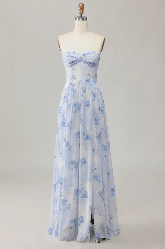 Strapless Blue Flower A-Line Printed Wedding Guest Dress with Slit sold by Zapaka