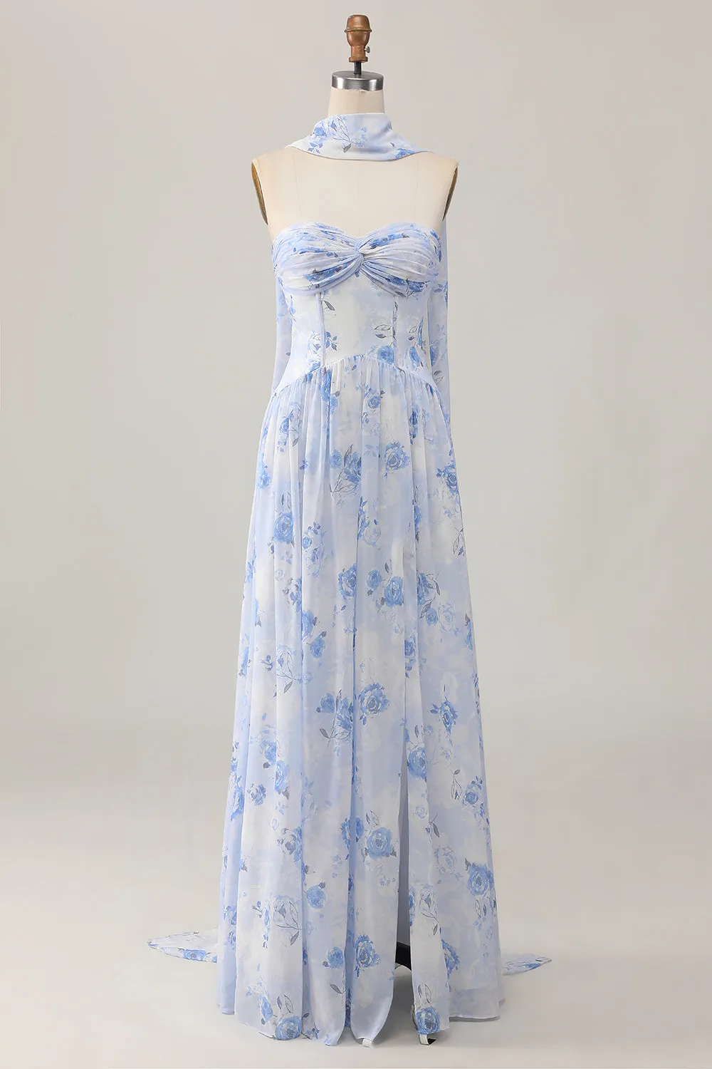 Strapless Blue Flower A-Line Printed Wedding Guest Dress with Slit sold by Zapaka product image thumbnail 2