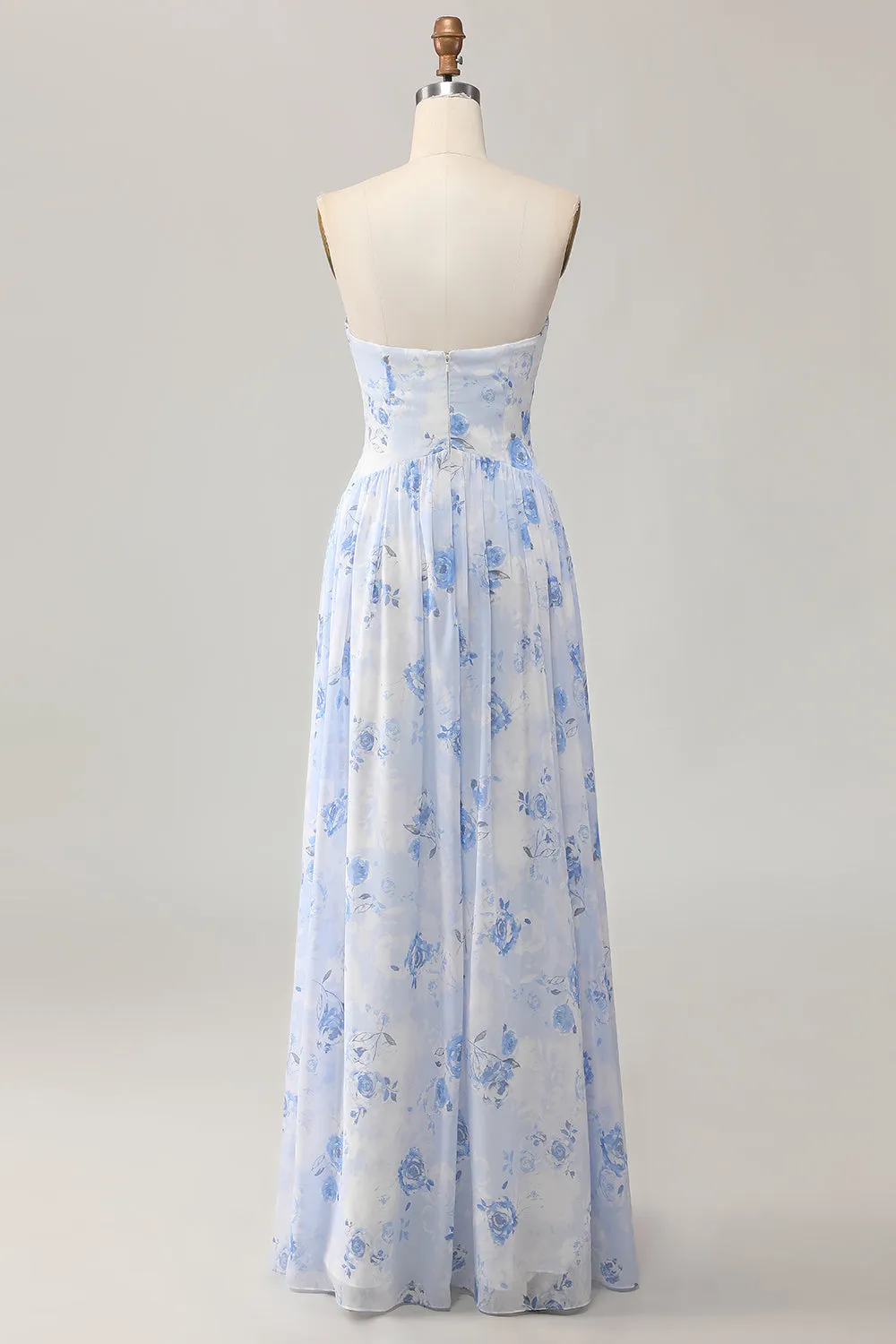 Strapless Blue Flower A-Line Printed Wedding Guest Dress with Slit sold by Zapaka product image thumbnail 4