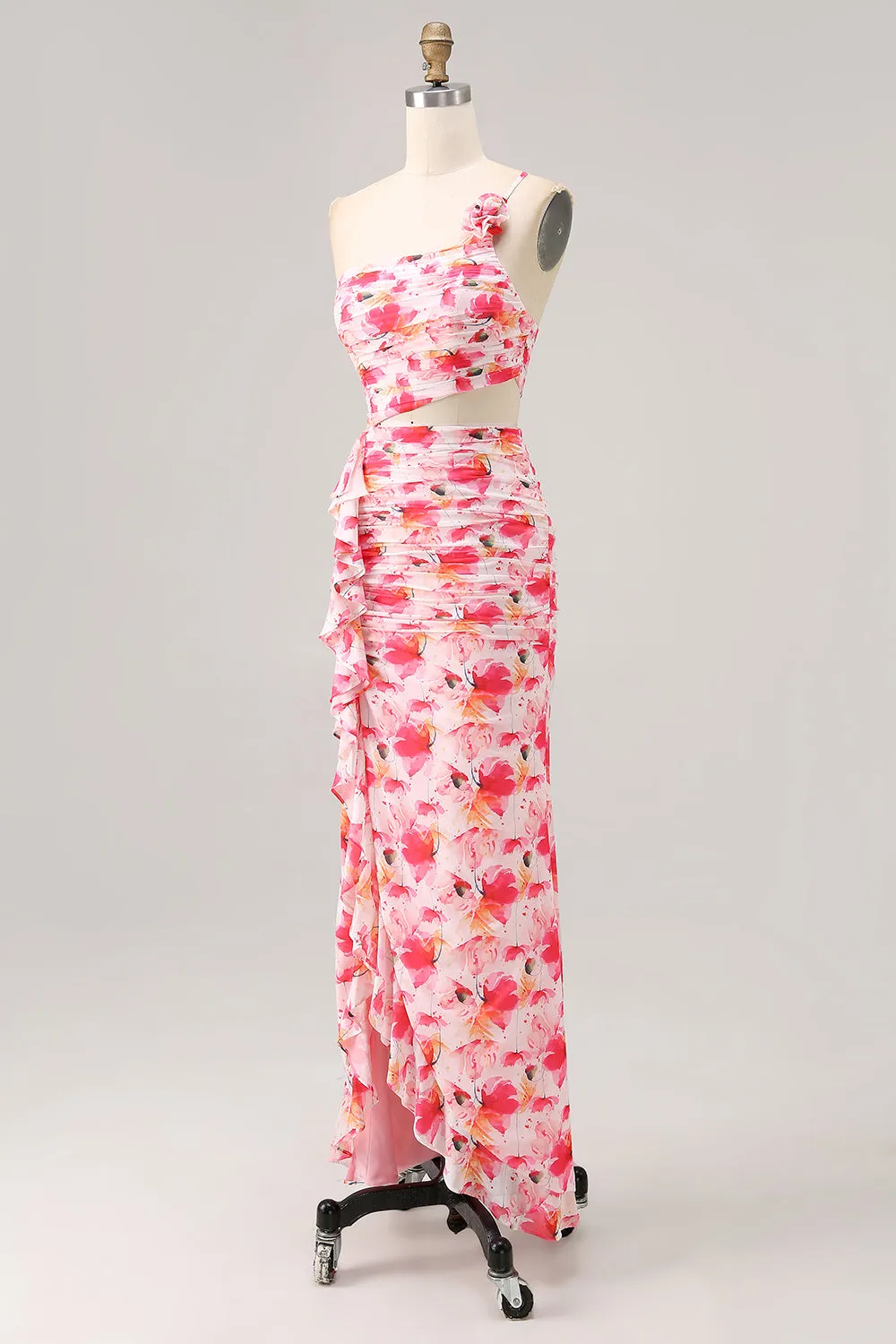 Sheath Red Cut Out One Shoulder Printed Floral Wedding Guest Dress sold by Zapaka product image thumbnail 3