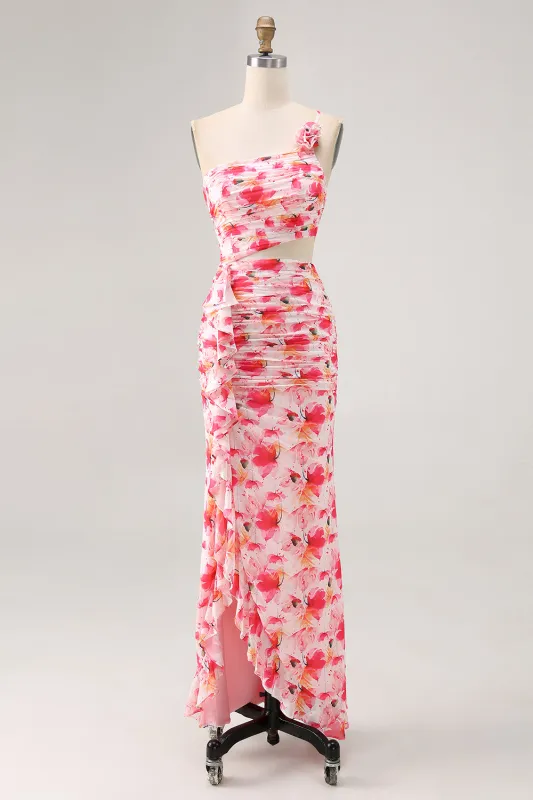 Sheath Red Cut Out One Shoulder Printed Floral Wedding Guest Dress sold by Zapaka