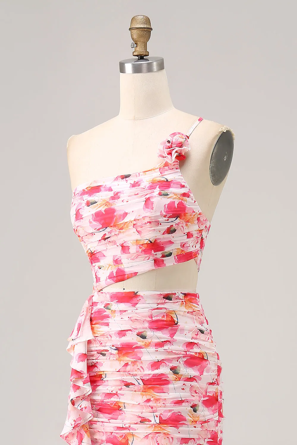 Sheath Red Cut Out One Shoulder Printed Floral Wedding Guest Dress sold by Zapaka product image thumbnail 5