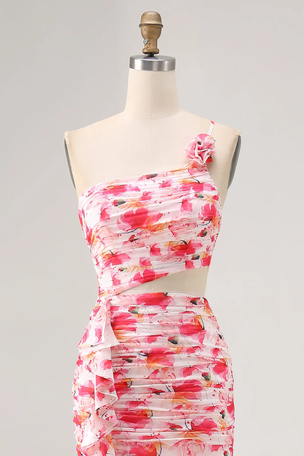Sheath Red Cut Out One Shoulder Printed Floral Wedding Guest Dress sold by Zapaka product image thumbnail 4