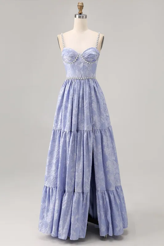 Blue Flower A-Line Beaded Wedding Guest Dress with Slit sold by Zapaka