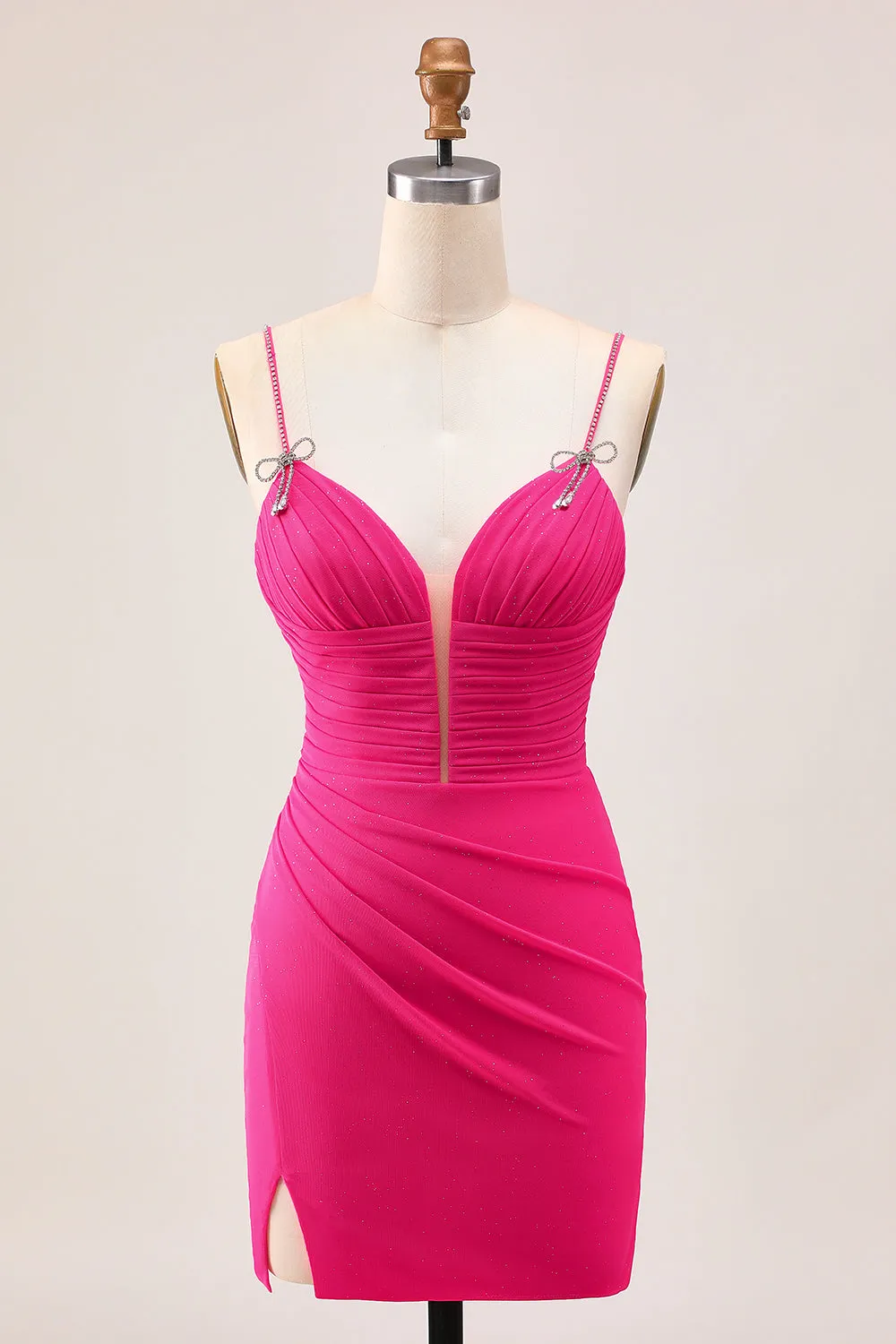 Fuchsia Bodycon Ruched Homecoming Dress with Slit sold by Zapaka