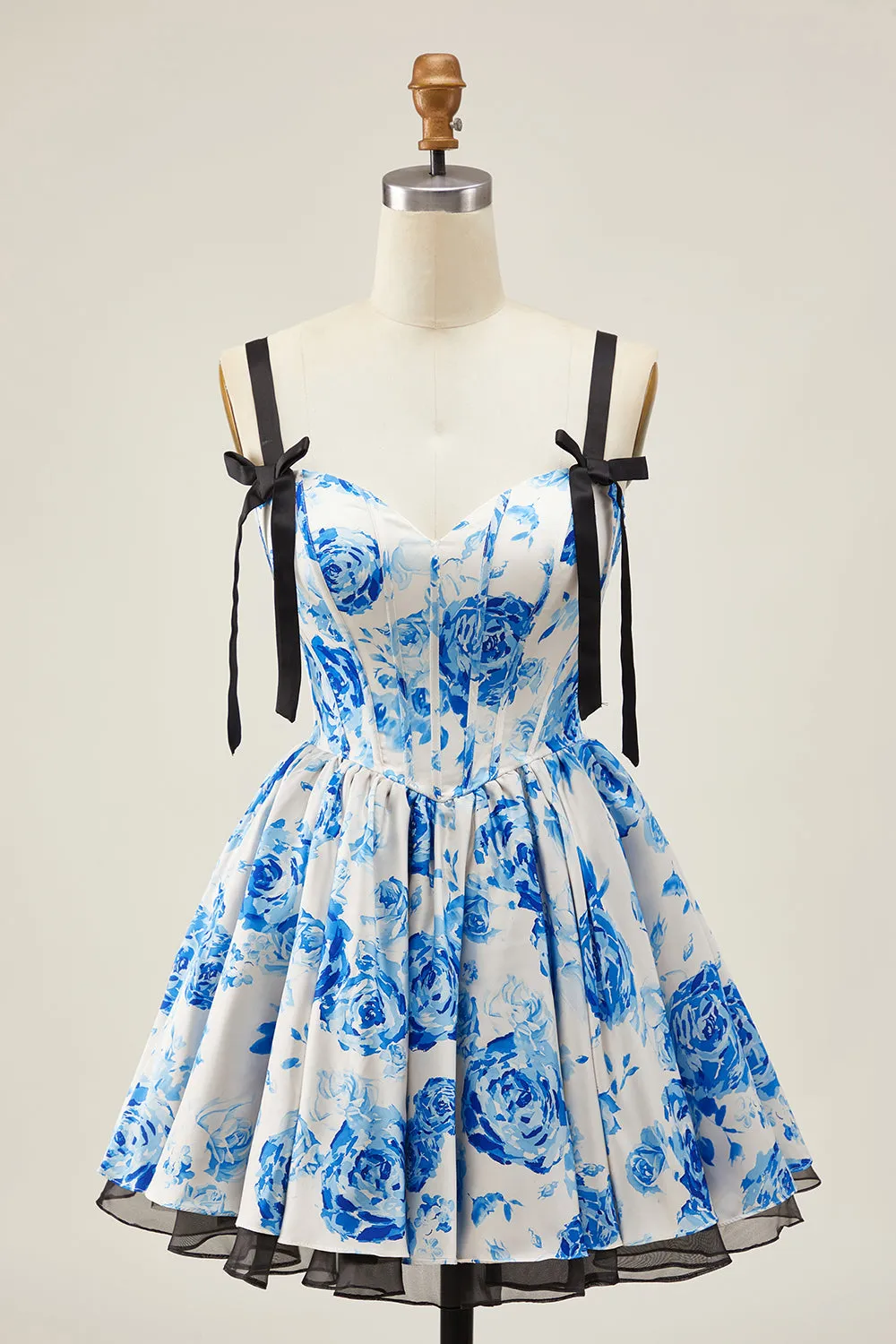 Floral White Blue Corset A Line Short Homecoming Dress sold by Zapaka