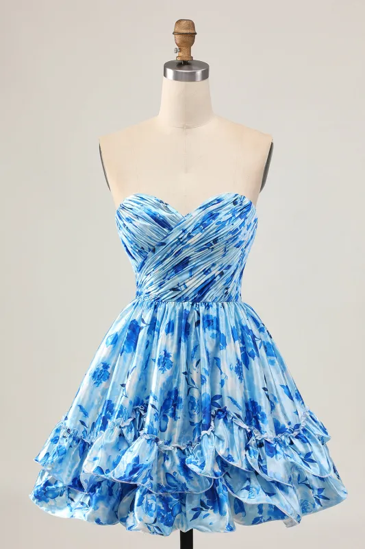Strapless A Line Blue Floral Short Ruched Homecoming Dress sold by Zapaka