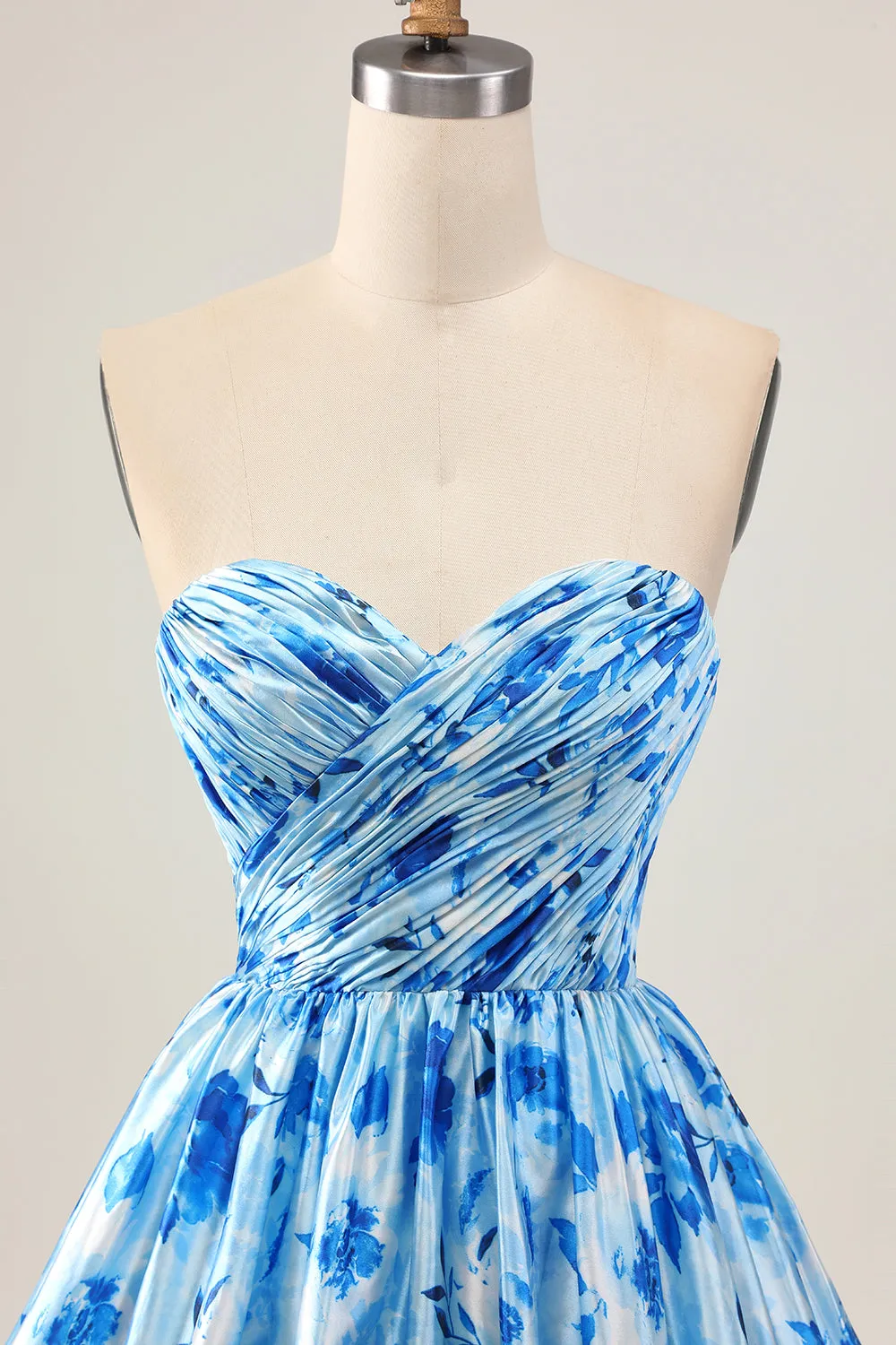 Strapless A Line Blue Floral Short Ruched Homecoming Dress sold by Zapaka product image thumbnail 4