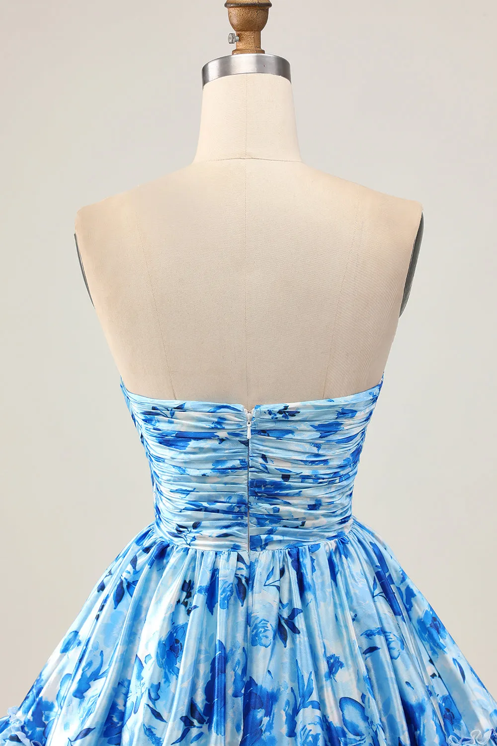 Strapless A Line Blue Floral Short Ruched Homecoming Dress sold by Zapaka product image thumbnail 5