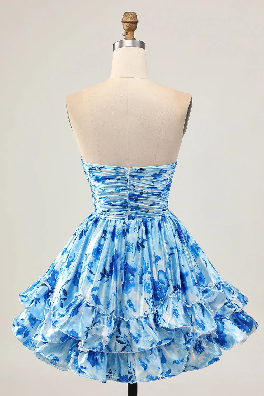 Strapless A Line Blue Floral Short Ruched Homecoming Dress sold by Zapaka product image thumbnail 2