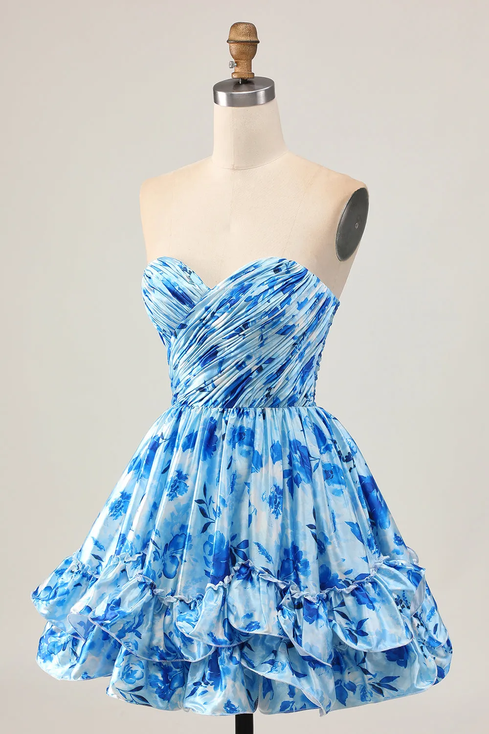 Strapless A Line Blue Floral Short Ruched Homecoming Dress sold by Zapaka product image thumbnail 3