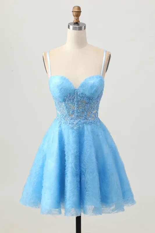 A Line Blue Short Corset Homecoming Dress with Appliques sold by Zapaka