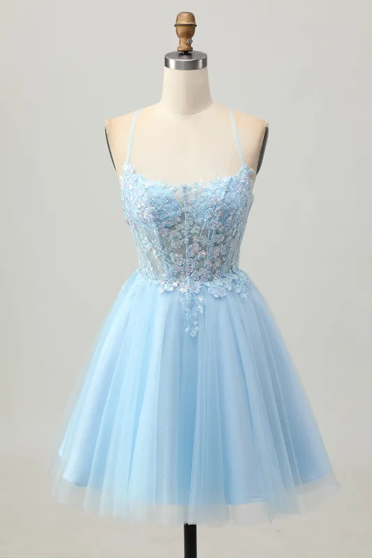 A Line Light Blue Short Appliqued Corset Homecoming Dress sold by Zapaka
