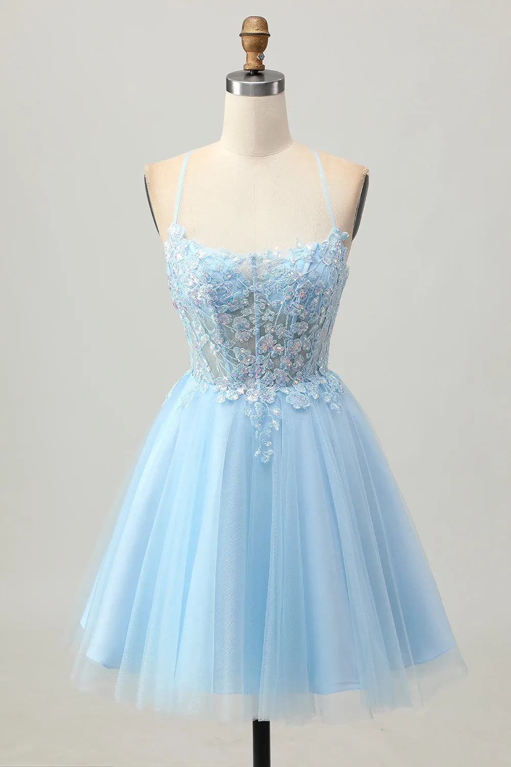 A Line Light Blue Short Appliqued Corset Homecoming Dress sold by Zapaka