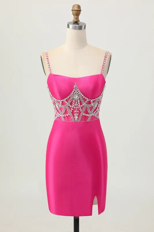 Fuchsia Bodycon Spaghetti Straps Satin Homecoming Dress with Slit made by Zapaka