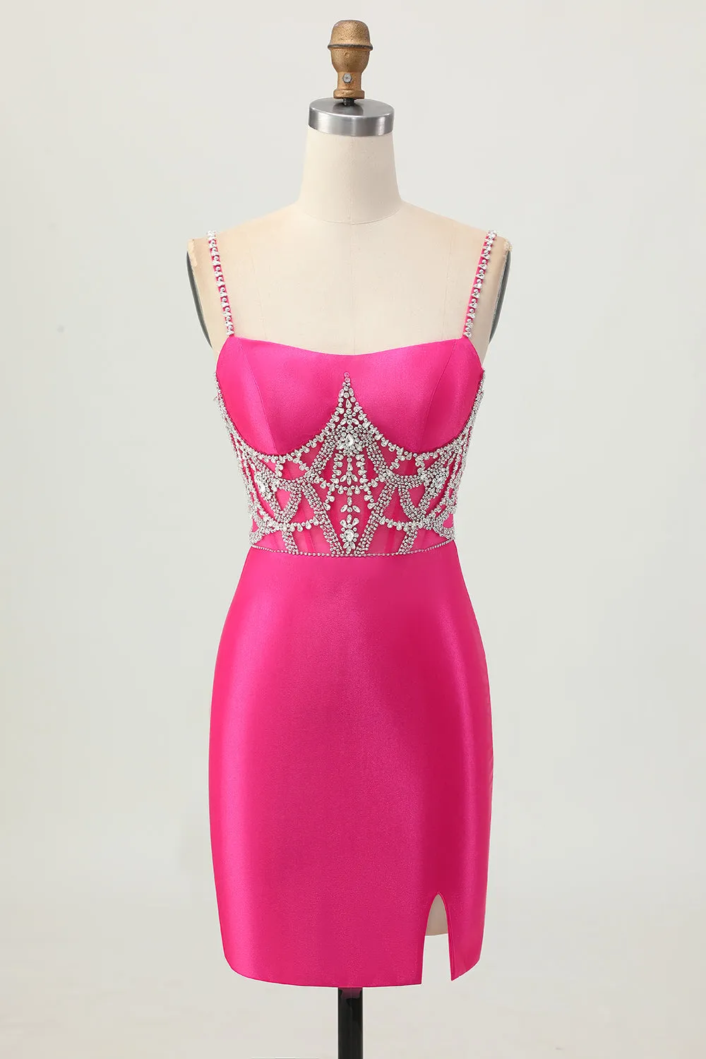 Fuchsia Bodycon Spaghetti Straps Satin Homecoming Dress with Slit sold by Zapaka