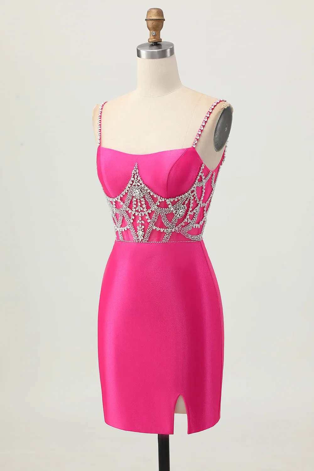 Fuchsia Bodycon Spaghetti Straps Satin Homecoming Dress with Slit sold by Zapaka product image thumbnail 3