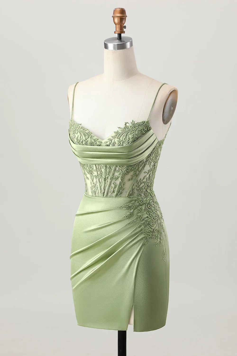 Sage Green Corset Tight Short Satin Homecoming Dress with Slit sold by Zapaka product image thumbnail 5