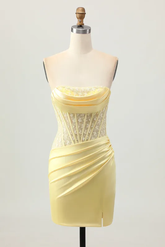 Yellow Satin Corset Tight Short Homecoming Dress with Lace Up Back sold by Zapaka