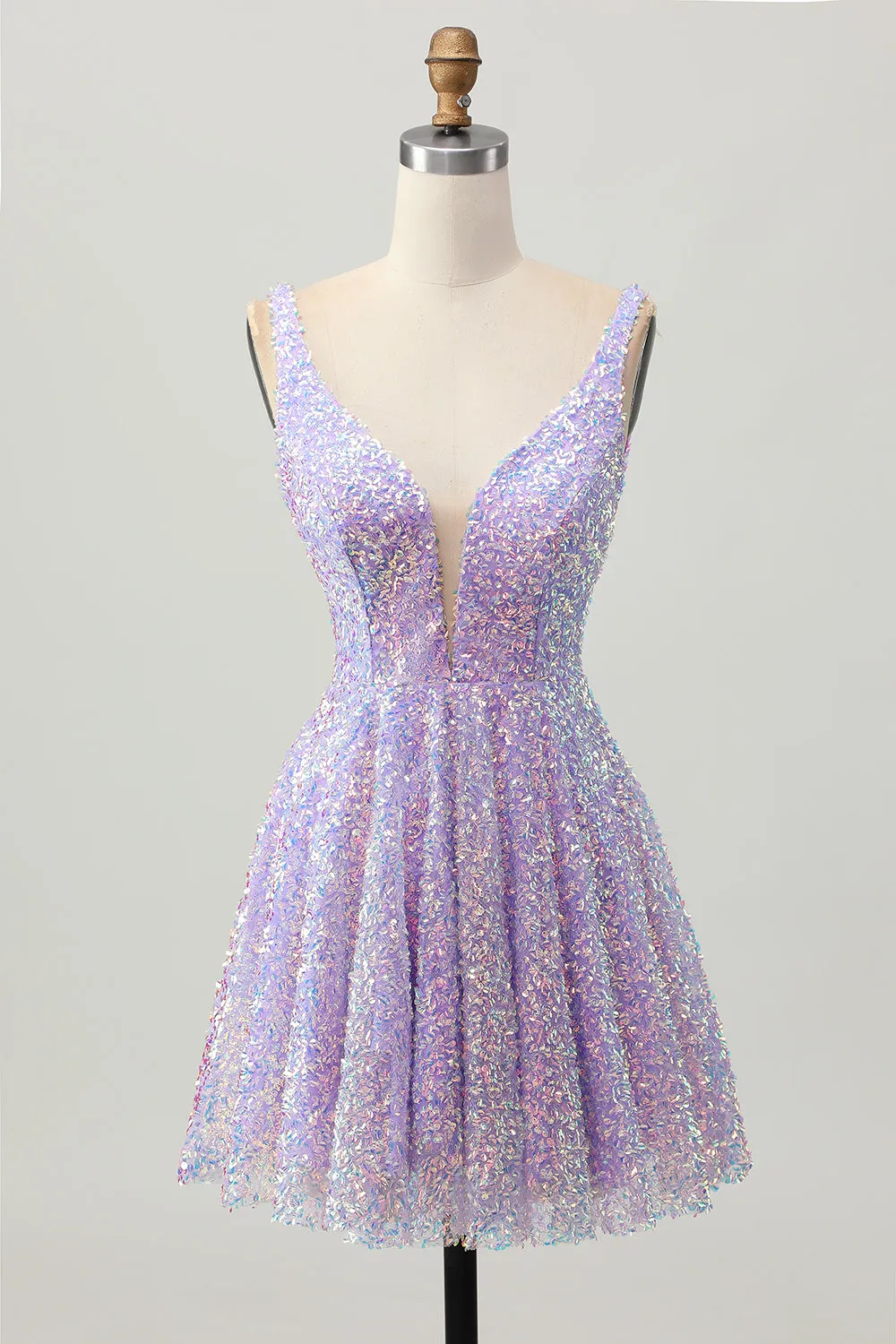 Sequins A Line Lilac V-Neck Short Homecoming Dress sold by Zapaka
