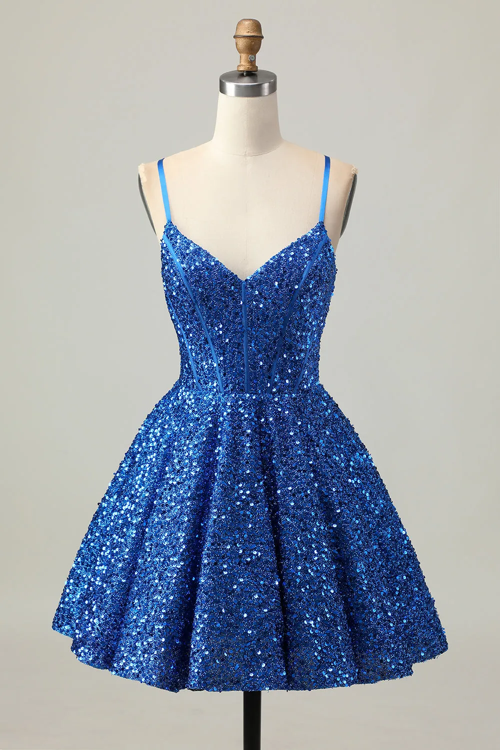 Sequins Dark Blue A Line Short Corset Homecoming Dress sold by Zapaka