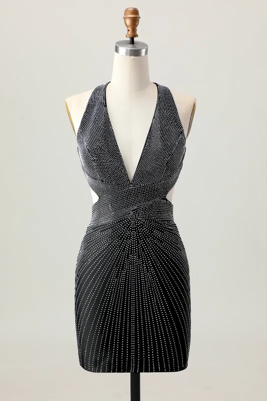 Black Bodycon V-Neck Beaded Homecoming Dress sold by Zapaka