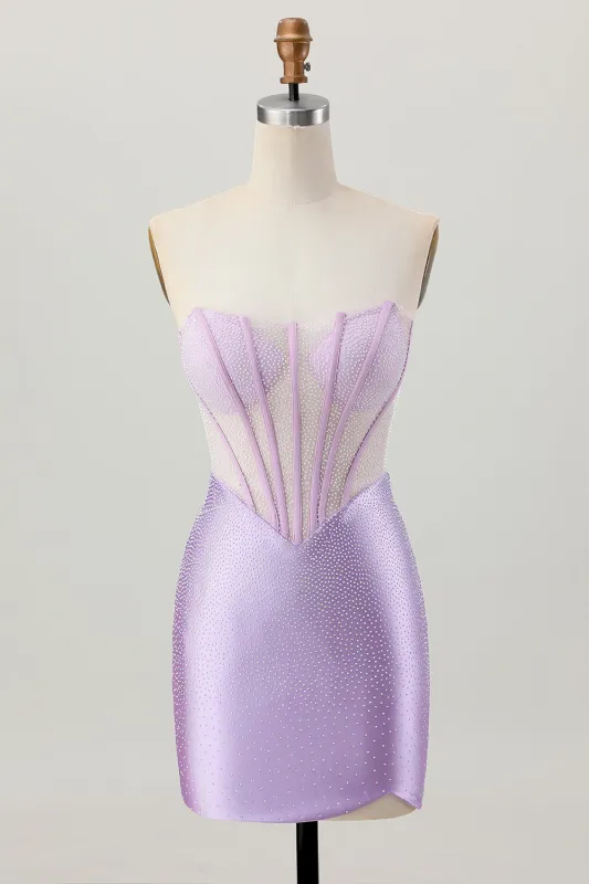 Lilac Beaded Strapless Corset Short Satin Homecoming Dress sold by Zapaka